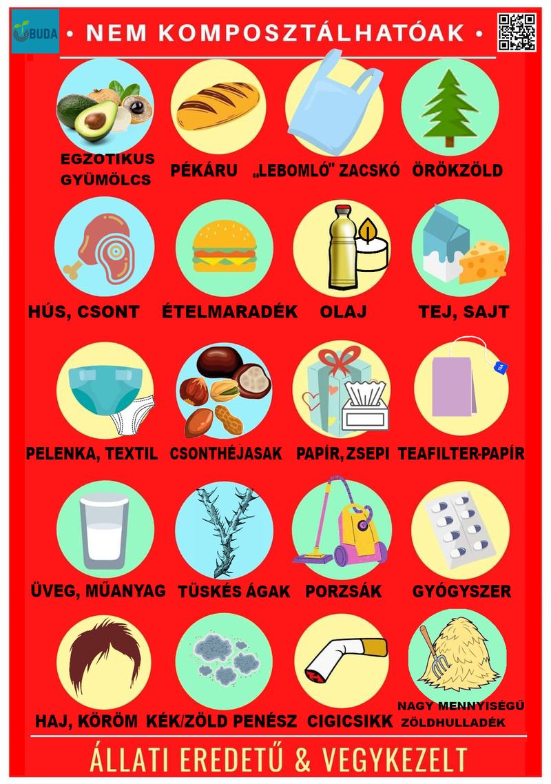 Komposztálhatóak: növényi hulladékok — zöldségek szára, levele, héja (pl. répa, hagyma, krumpli, saláta); gyümölcsök héja, csutkák, levelek (pl. alma, körte, dinnyehéj aprítva), teafű (filter nélkül); növényevő kisállat alma; szobanövény (elharvadt, elszáradt virágok, levelek); kávézacc; nem szennyezett avar, kerti zöldhulladék (aprítva, darabolva)